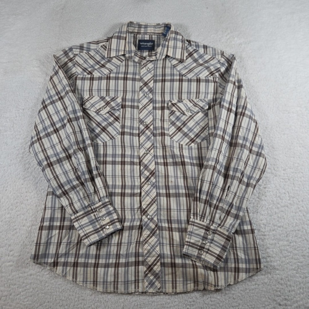 Wrangler Medium Western Pearl Snap Long Sleeve Tan Striped Vintage Beach Cowboy